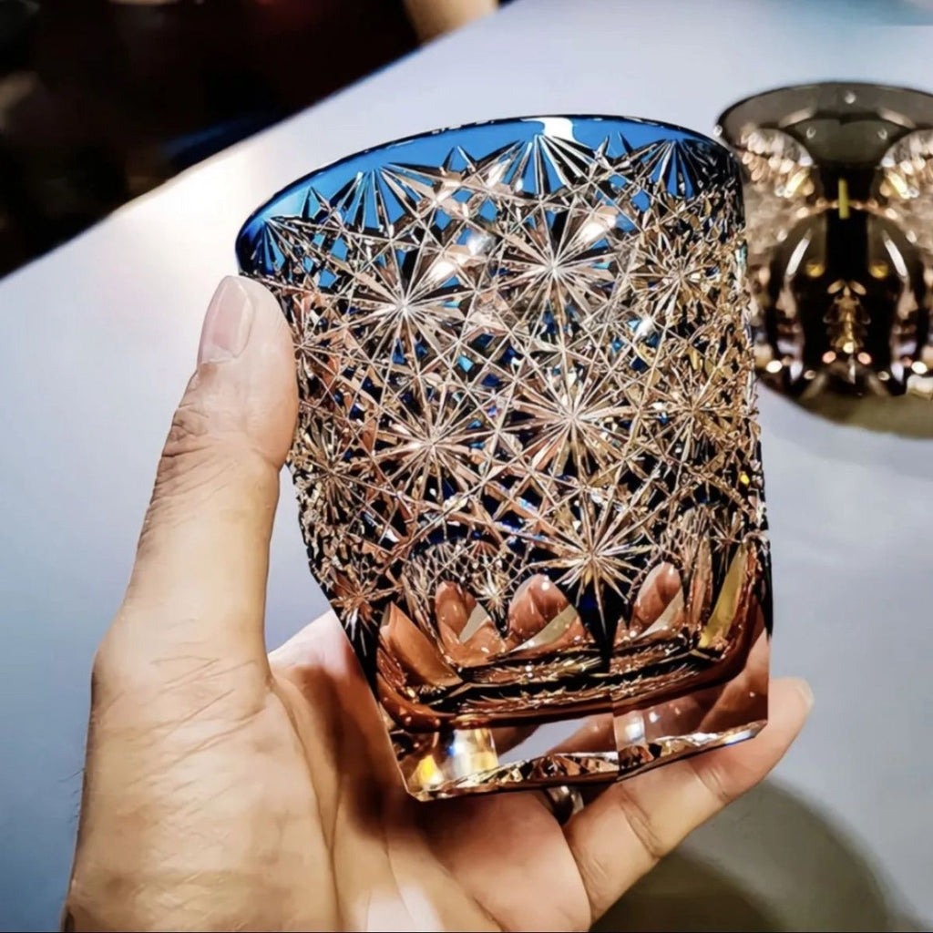 Hand-Cut Glass Tumbler | Luxury Two-Color Crystal Cup | Handcrafted Artwork